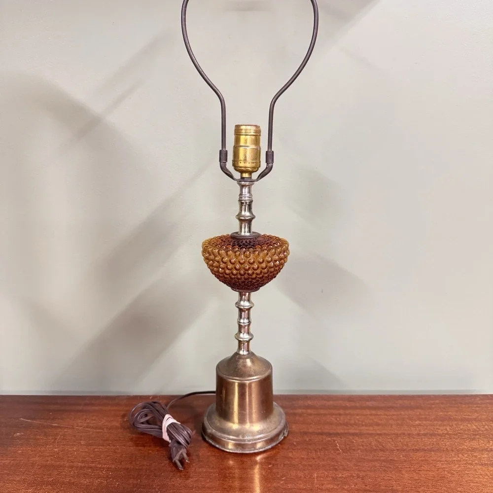 Vtg Amber Glass Hobnail Electric Lamp Metal Brass Colored  26